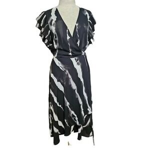 Halston flutter sleeve Wrap Dress pleated layered sleeve Size Medium abstract
